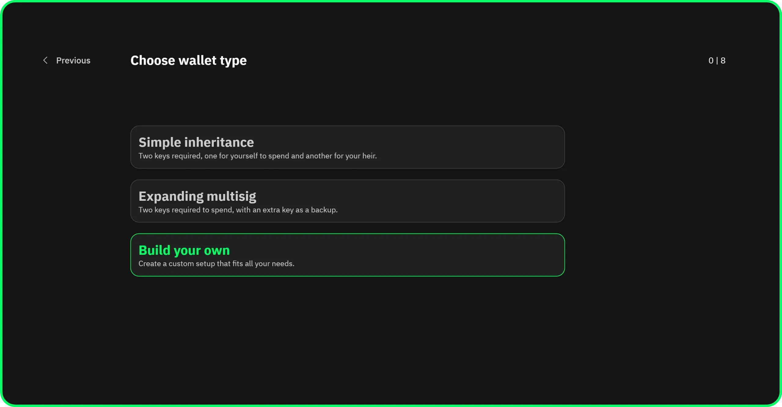 Liana wallet “Build your own” template selection screen