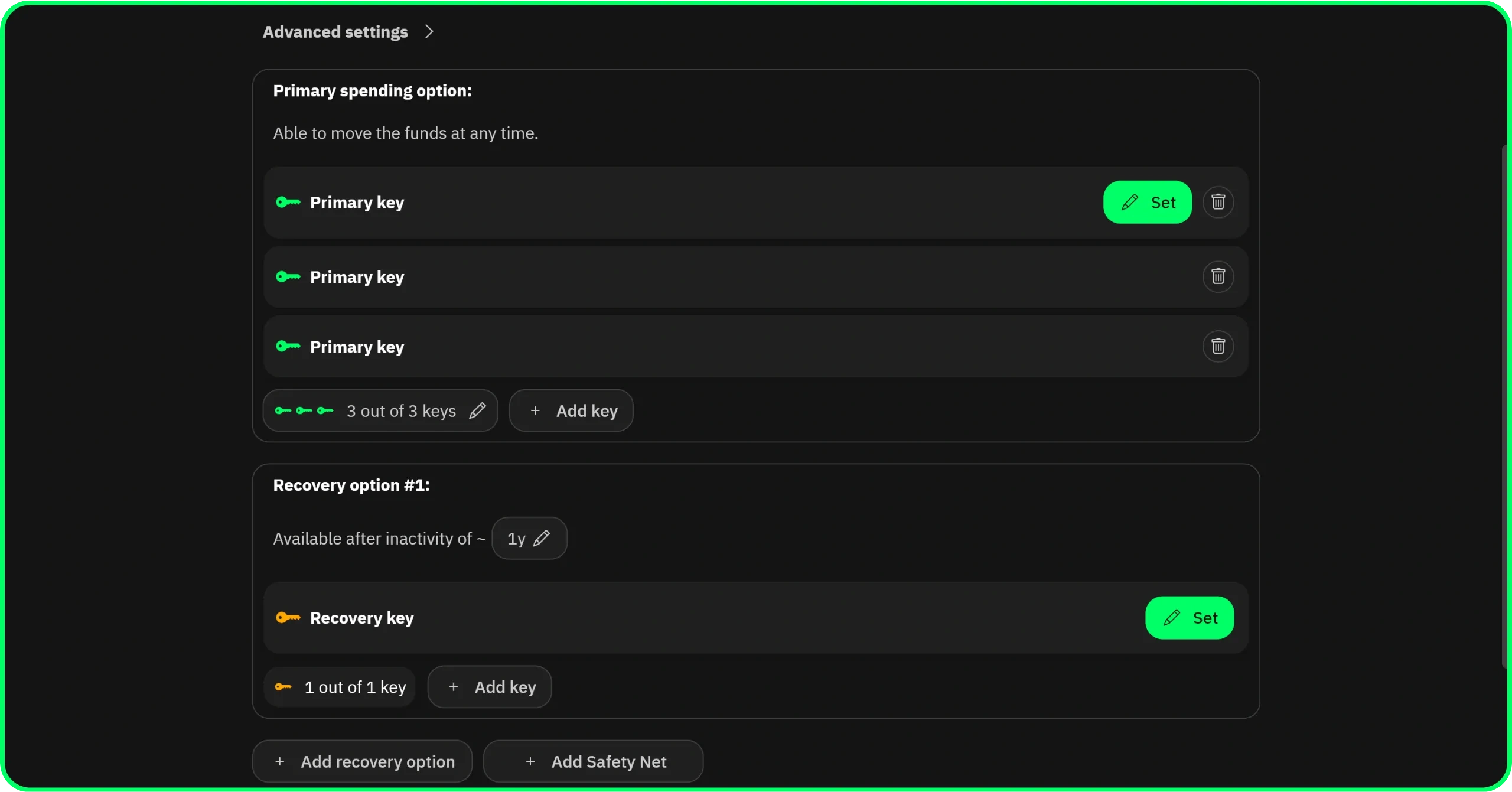 Liana primary path setup with the Add key button