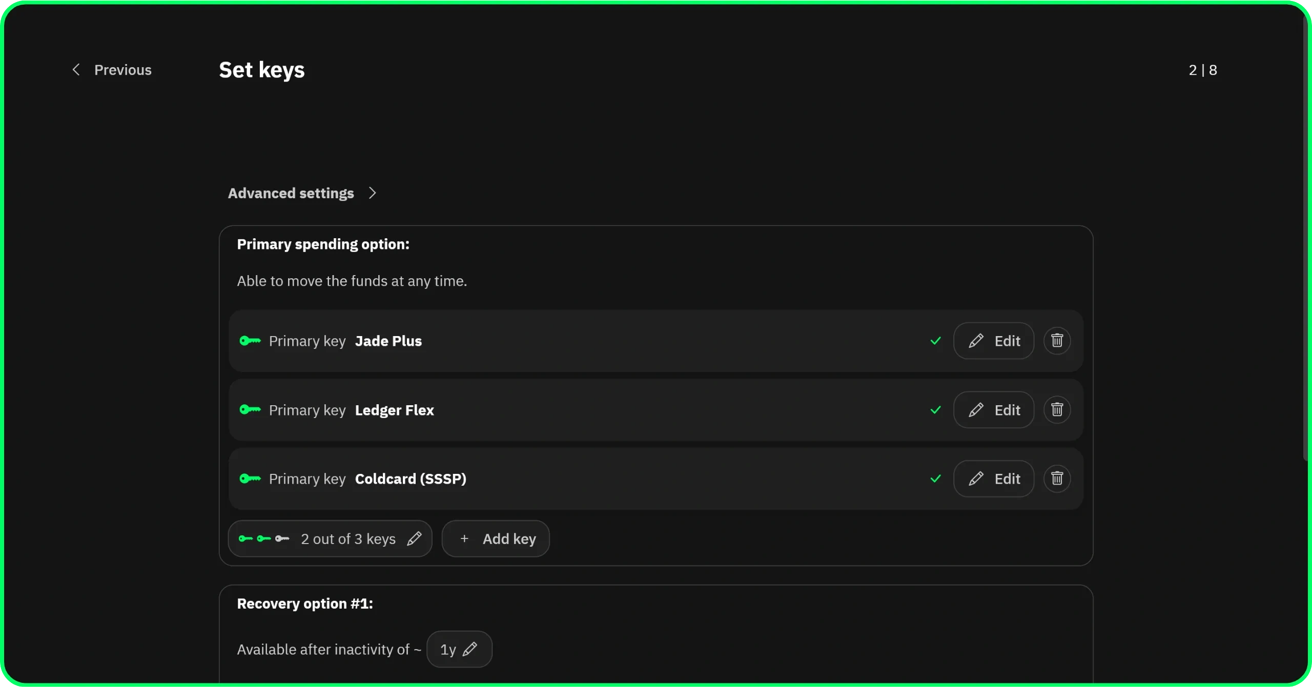 Liana primary path with Jade, Ledger and Coldcard keys