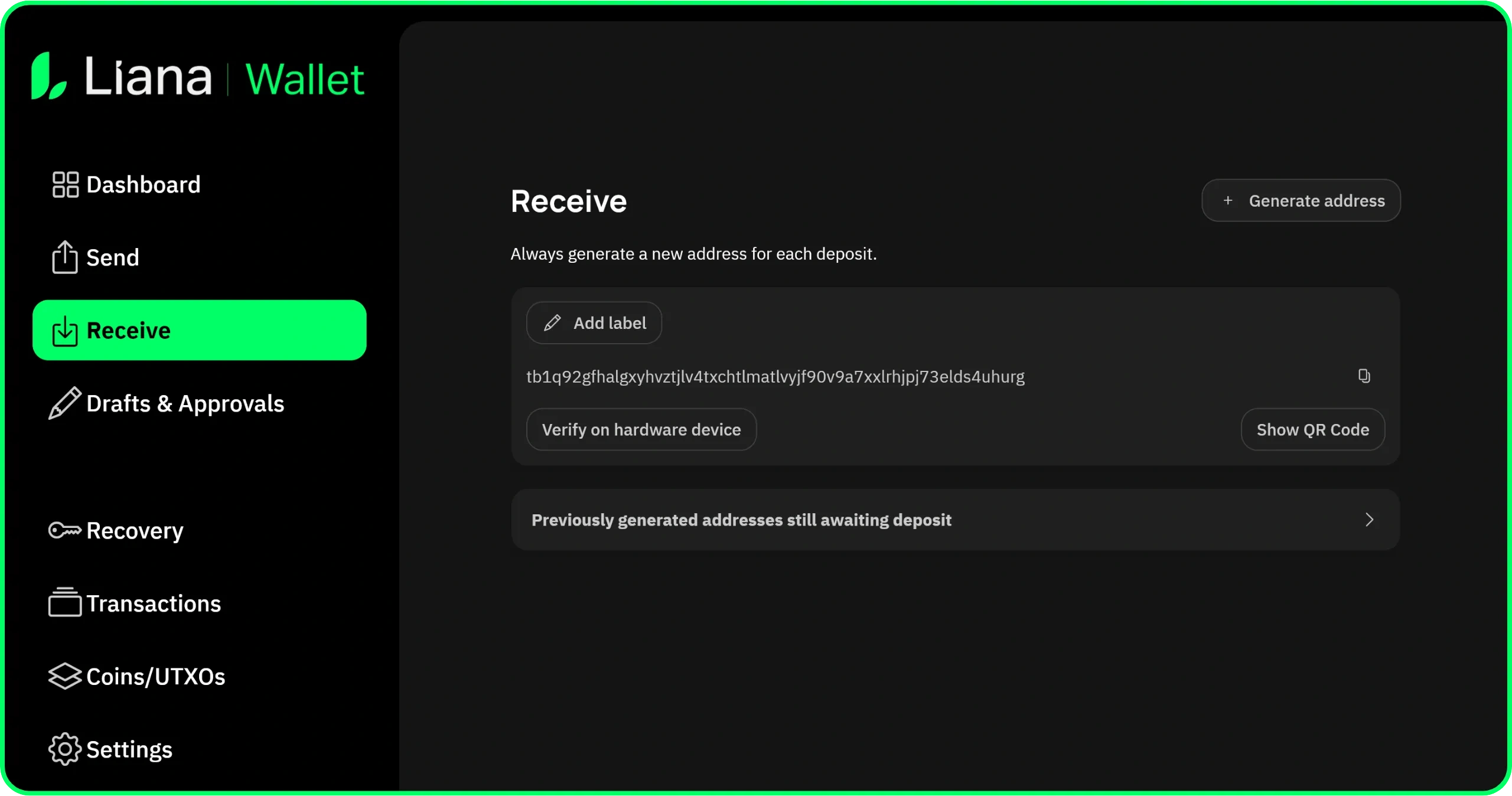 Liana Receive screen generating a wallet address