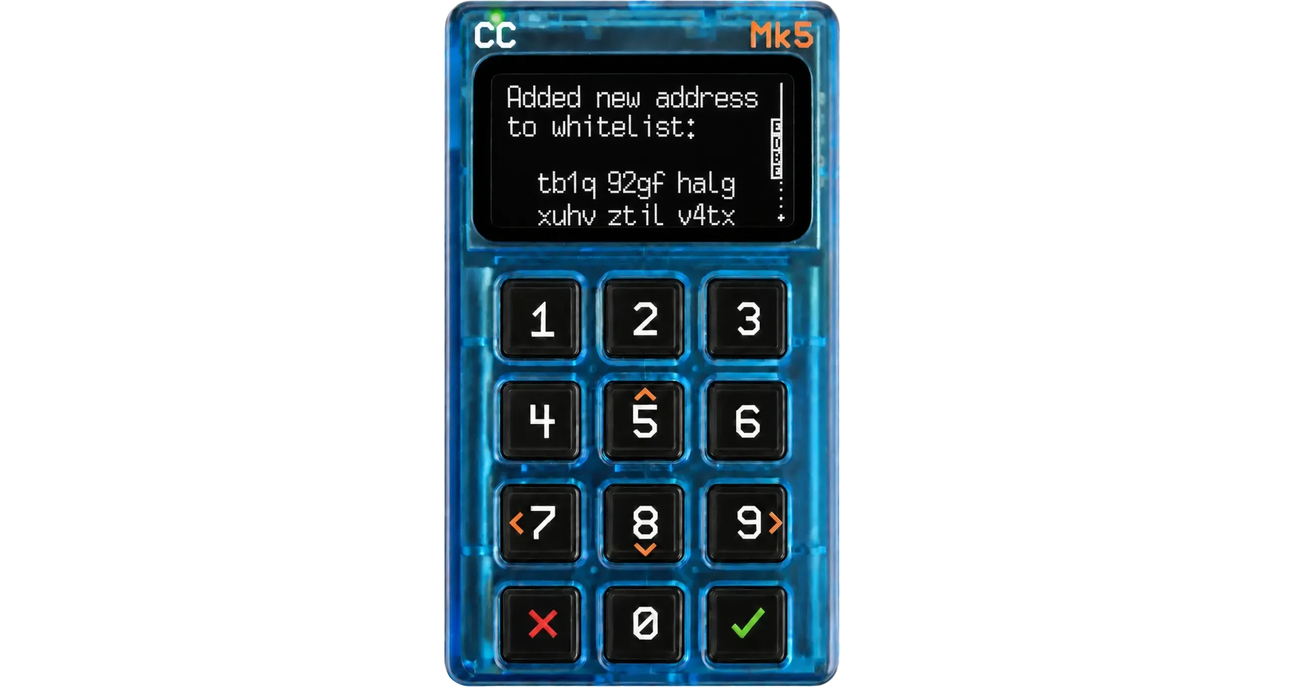 Coldcard whitelist showing the imported address