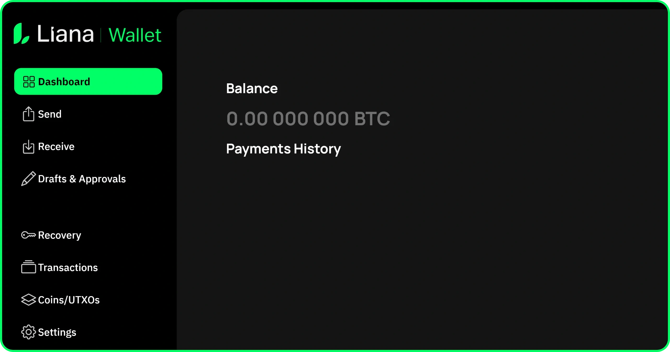 Liana wallet home dashboard after setup