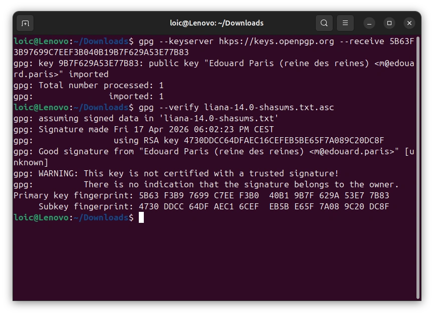 GnuPG terminal output showing a good signature on the Liana shasums file