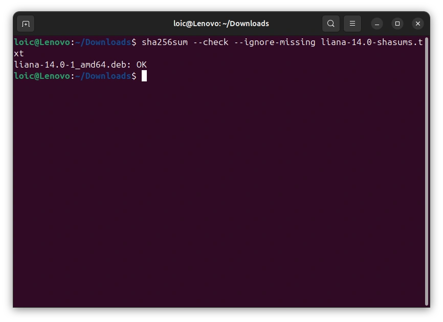 sha256sum check returning OK for the downloaded Liana binary