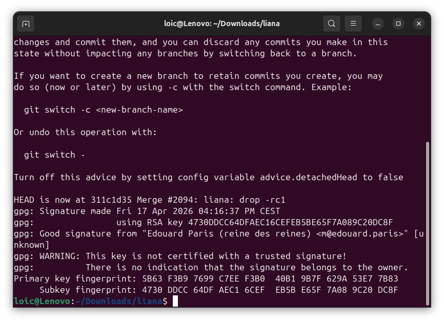 git verify-tag confirming the signed Liana v14.0 release tag