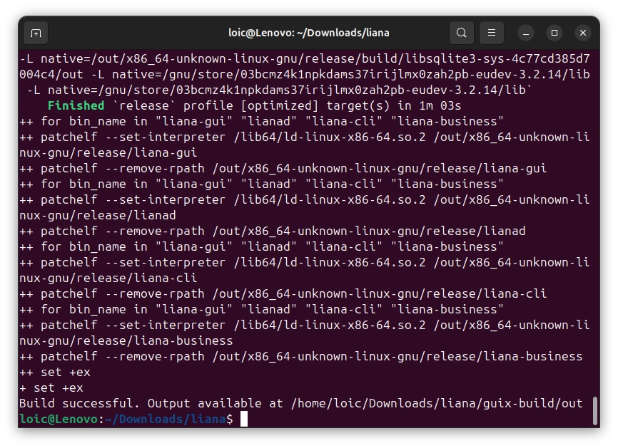 Liana reproducible build running inside a pinned offline Guix container