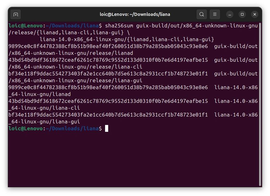 Matching sha256 fingerprints between the rebuilt and the official Liana binaries