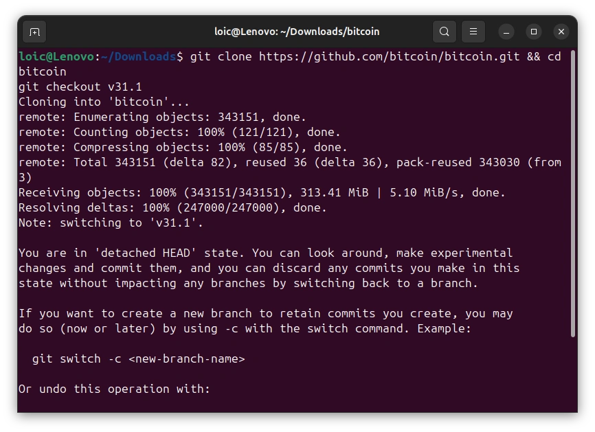 Cloning Bitcoin Core and checking out the v31.1 release tag