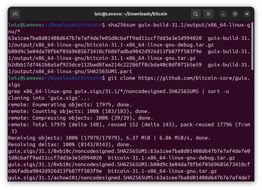 Local Bitcoin Core fingerprints matching the guix.sigs builder attestations