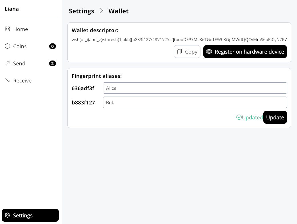 Screenshot of part of the settings of the Liana wallet figuring alias update and descriptorregistration on a hardware wallet