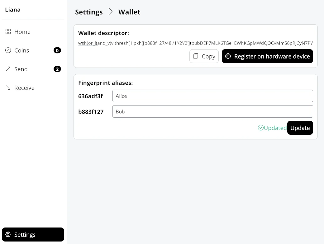 Screenshot of part of the settings of the Liana wallet figuring alias update and descriptor
registration on a hardware wallet