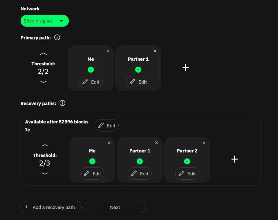 Screenshot of the Liana wallet creation