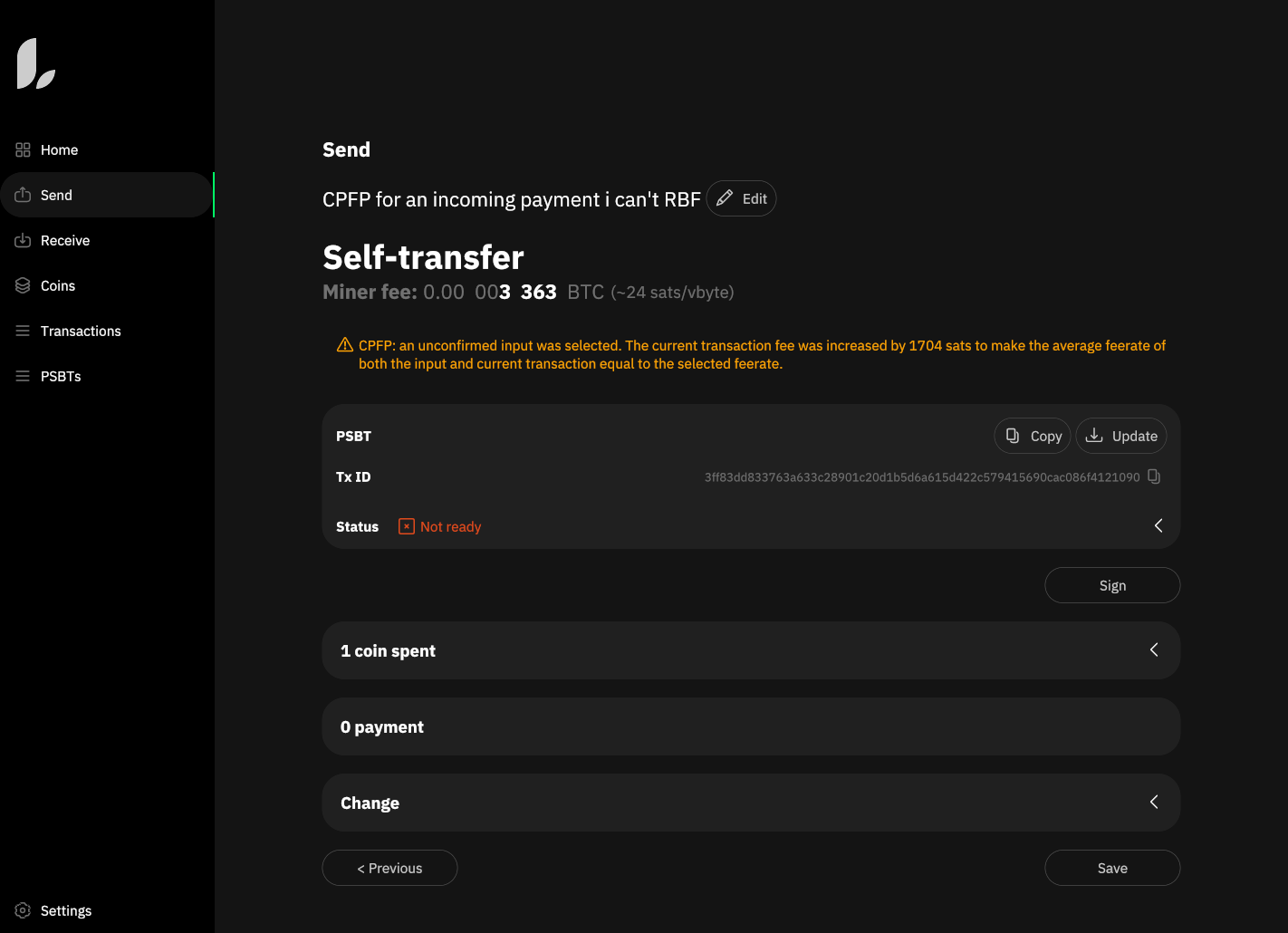 screenshot of a CPFP in the Liana Bitcoin wallet